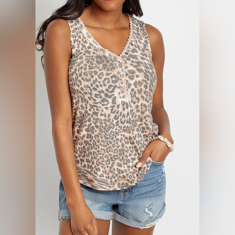 Maurices 24/7 Leopard Ribbed Lace Trim Tank Top-Beige and Black